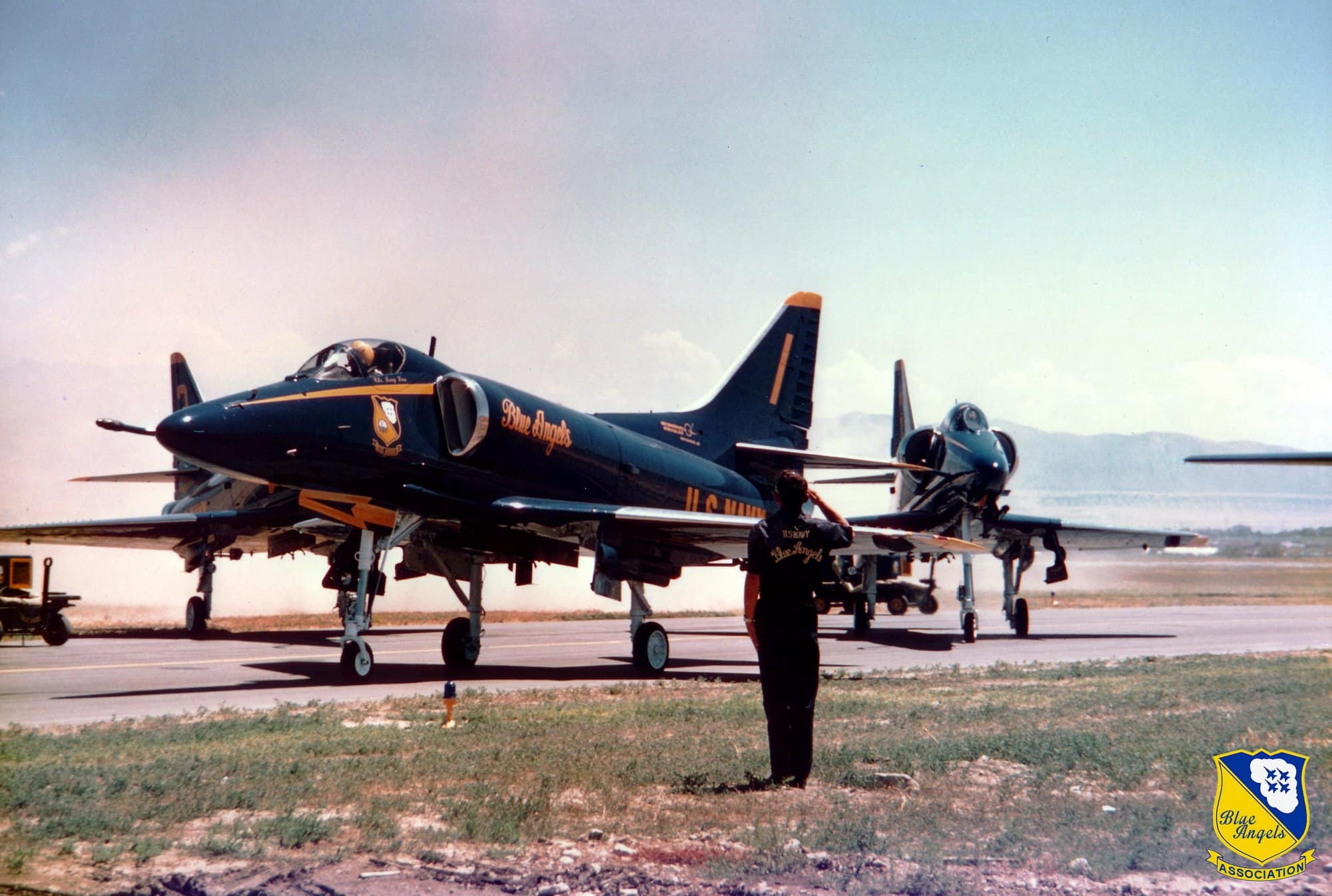 Young military man saluting with the American flag in the background