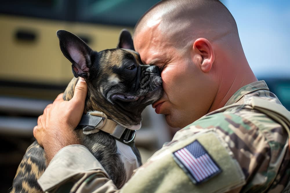 Young military man saluting with the American flag in the background